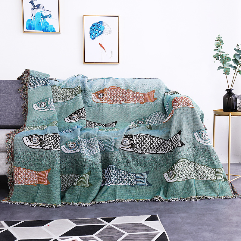 Boho Throw Blanket Fringe - Couverture en jacquard tissée motif poisson